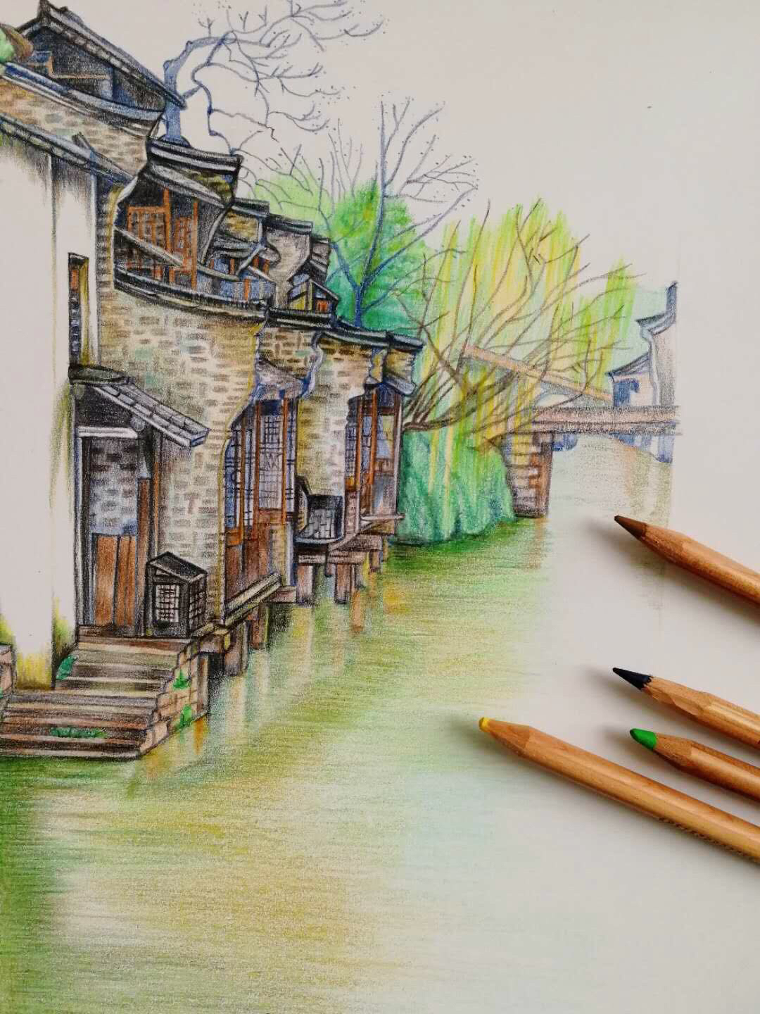 手帐 彩铅风景过程图彩铅风景—江南水. ,手帐工具